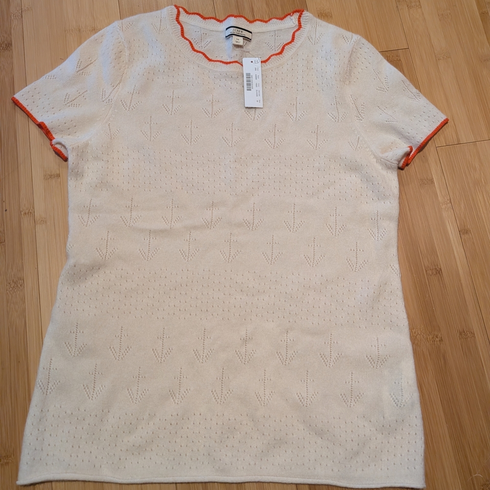 J. Crew Ivory Cashmere Pointelle Sweater with Coral Accents